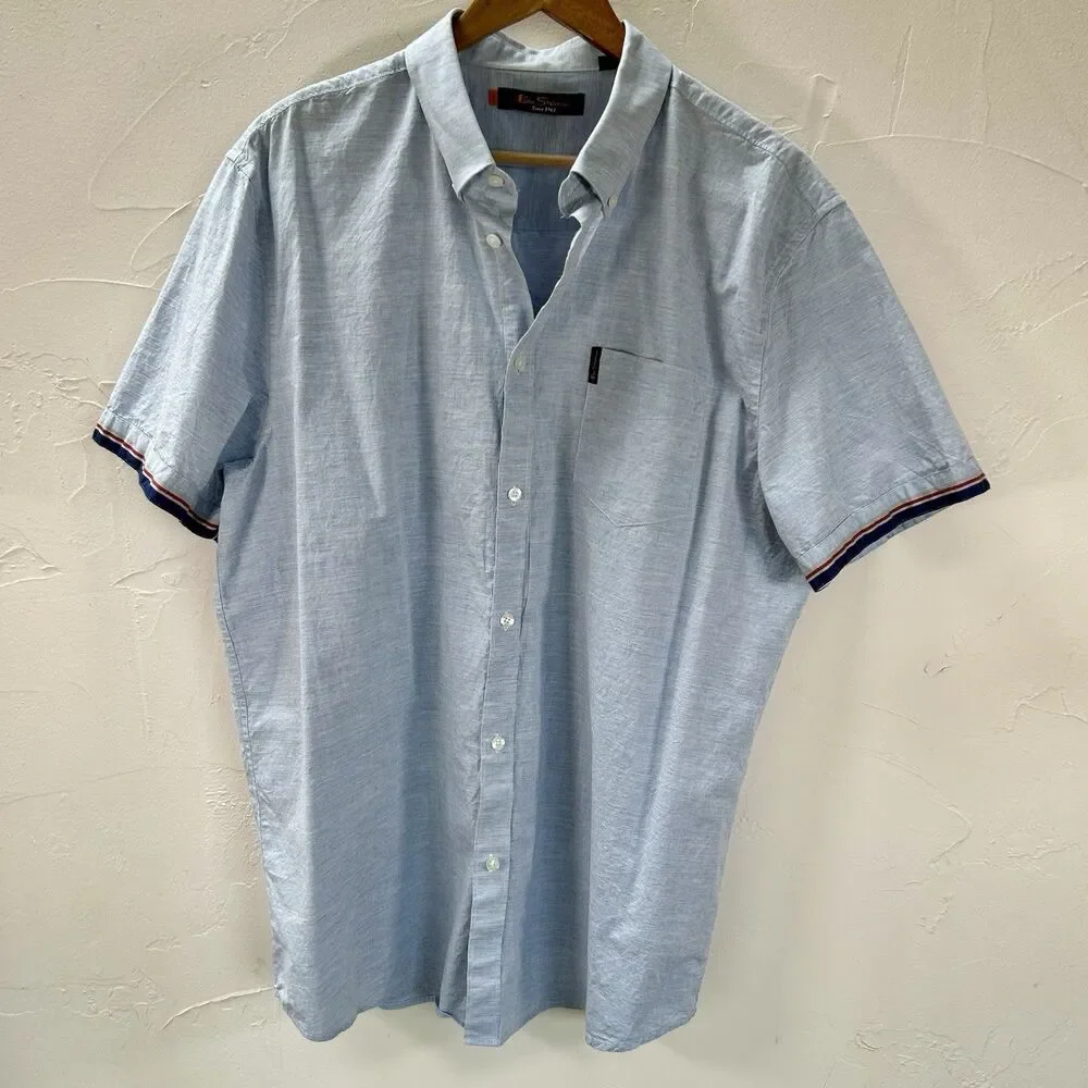 Ben Sherman Blue Cotton Short Sleeve Button Up Shirt Striped Cuffs Men's XXL